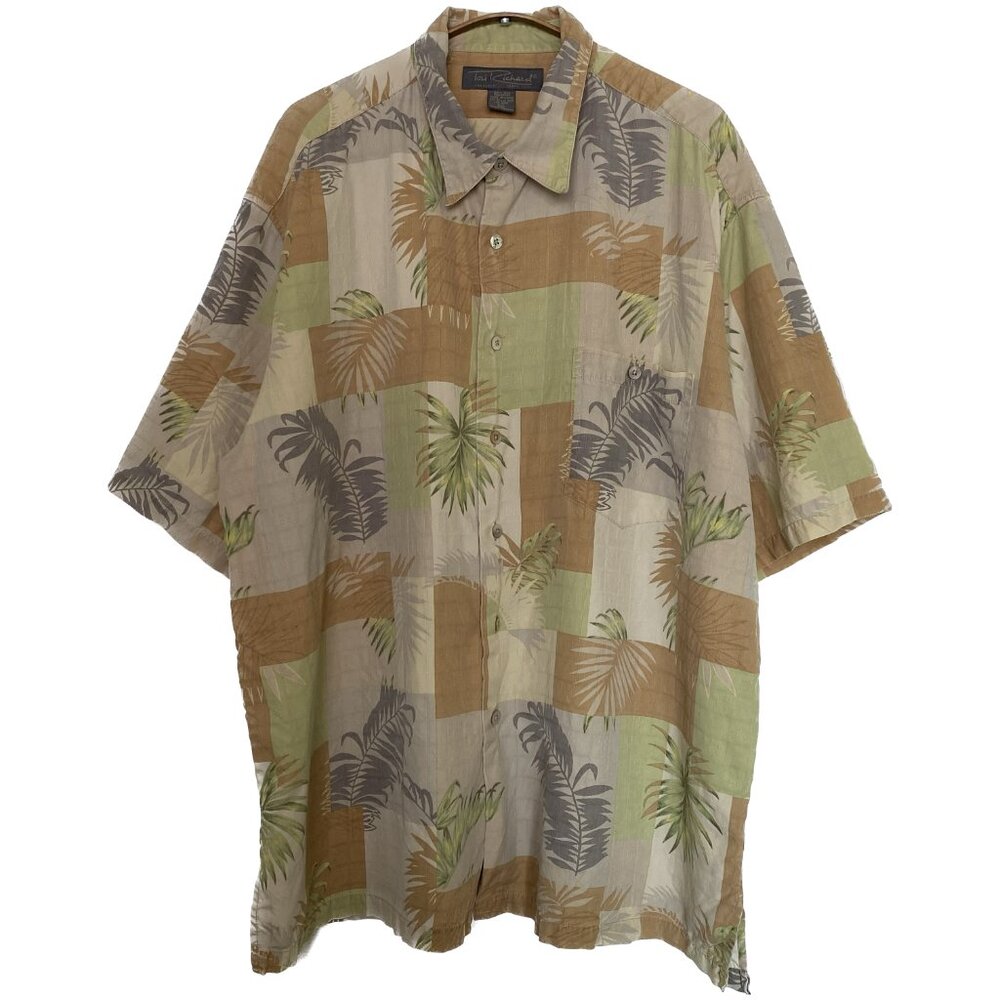 Vintage 90s Silk Hawaiian Shirt Men 2XL Cream Tan Palm Fronds USA Camp Festival